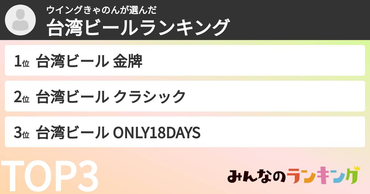 ウイングきゃのんさんの「台湾ビールランキング」