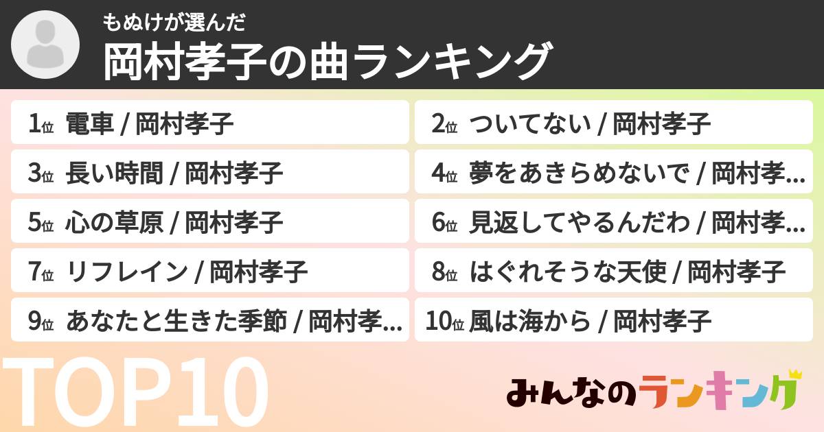 もぬけさんの「岡村孝子の曲ランキング」