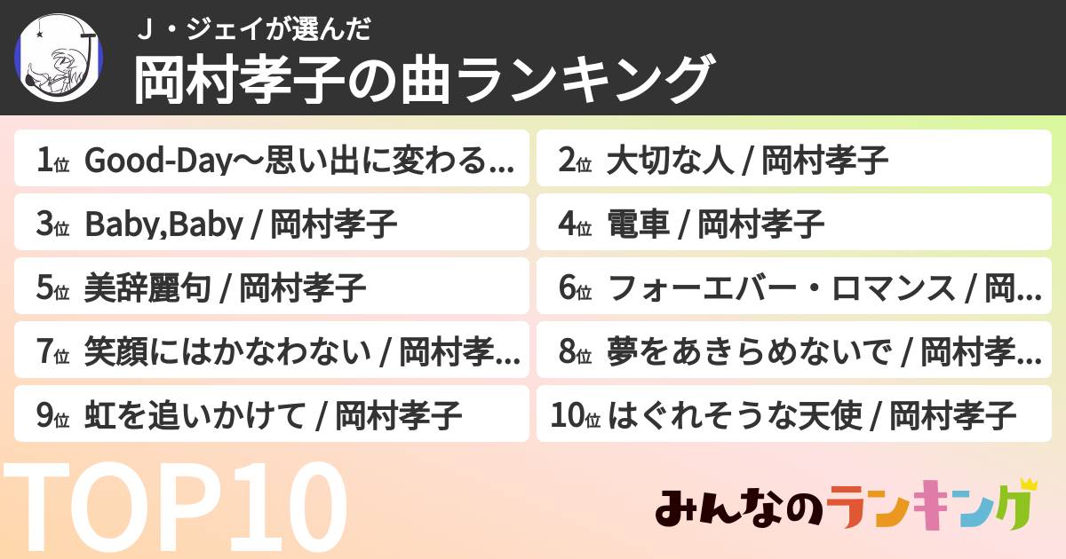 J・ジェイさんの「岡村孝子の曲ランキング」