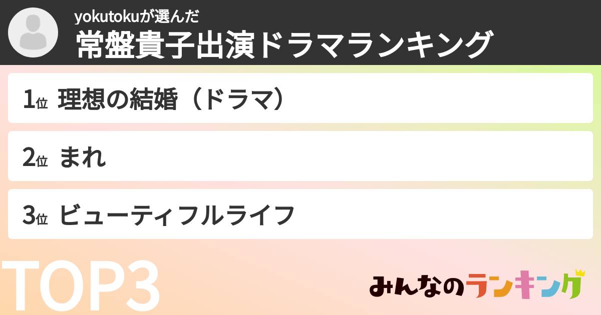 yokutokuさんの「常盤貴子出演ドラマランキング」