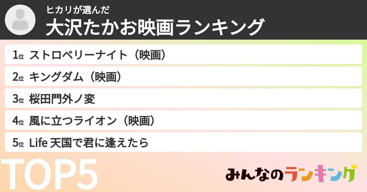 ヒカリさんの「大沢たかお映画ランキング」