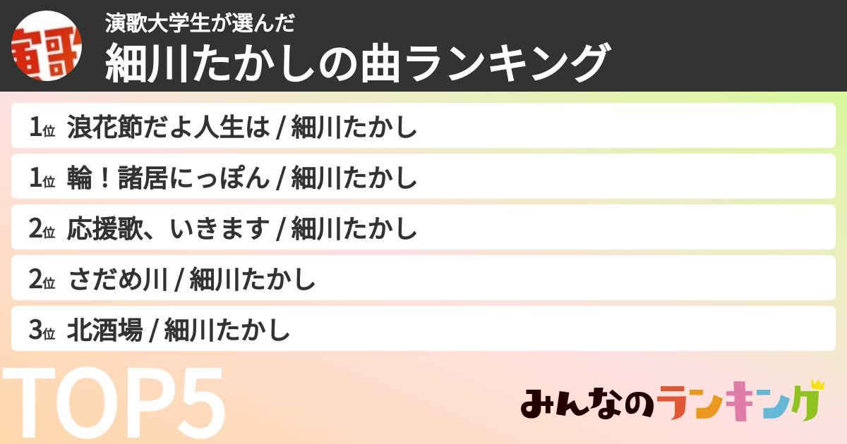 演歌大学生さんの「細川たかしの曲ランキング」