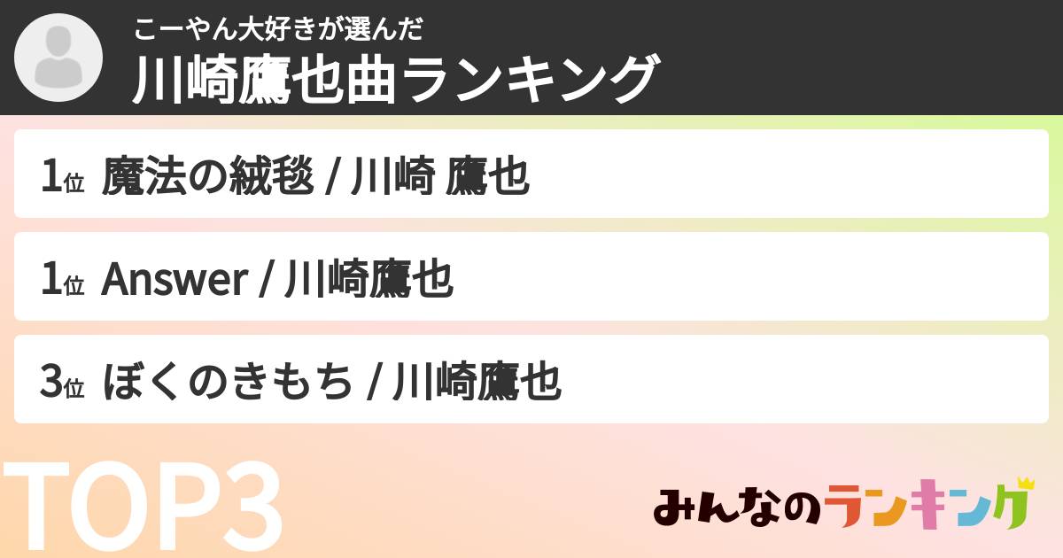 こーやん大好きさんの「川崎鷹也曲ランキング」