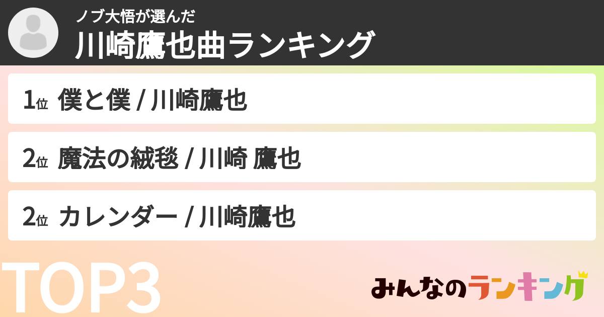 ノブ大悟さんの「川崎鷹也曲ランキング」