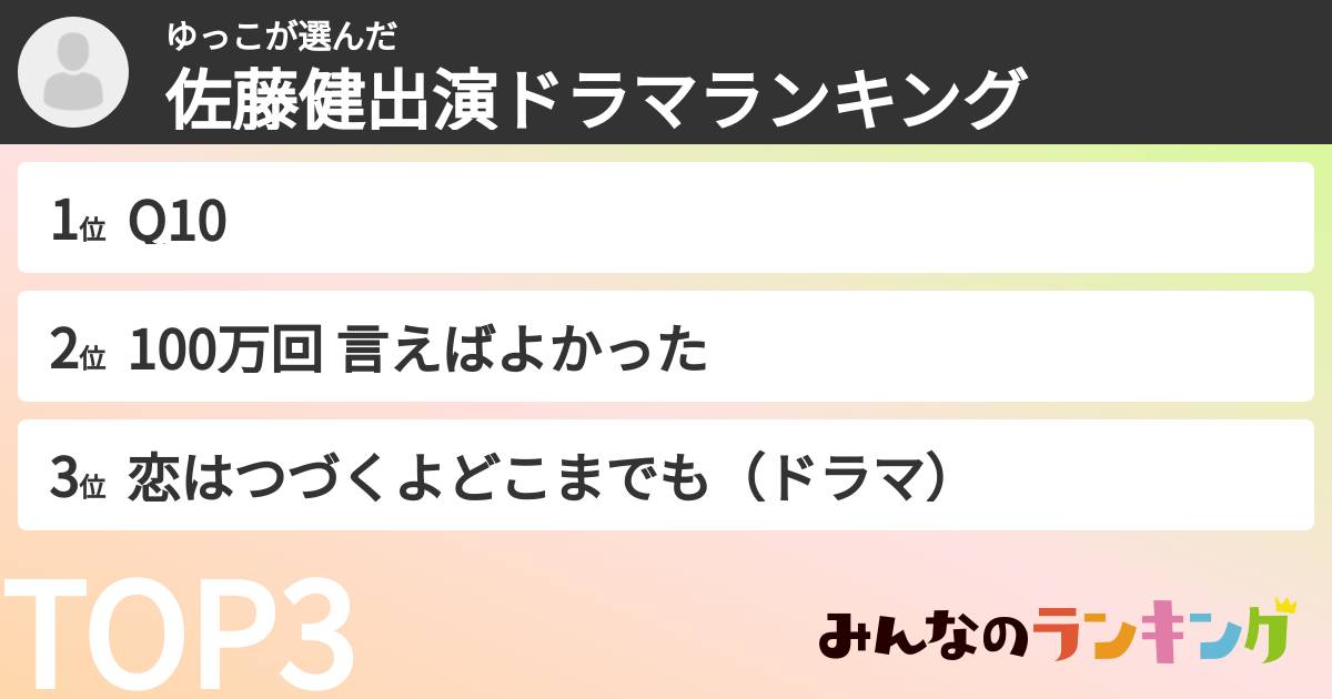 ゆっこさんの「佐藤健出演ドラマランキング」