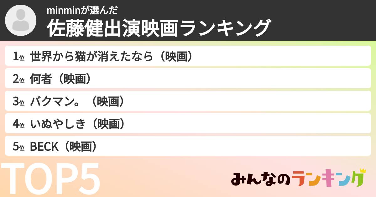 minminさんの「佐藤健出演映画ランキング」
