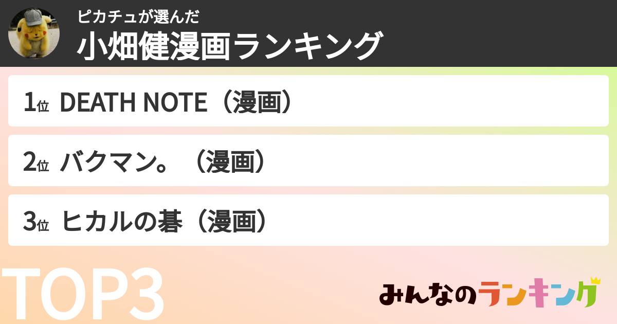 ピカチュさんの「小畑健漫画ランキング」