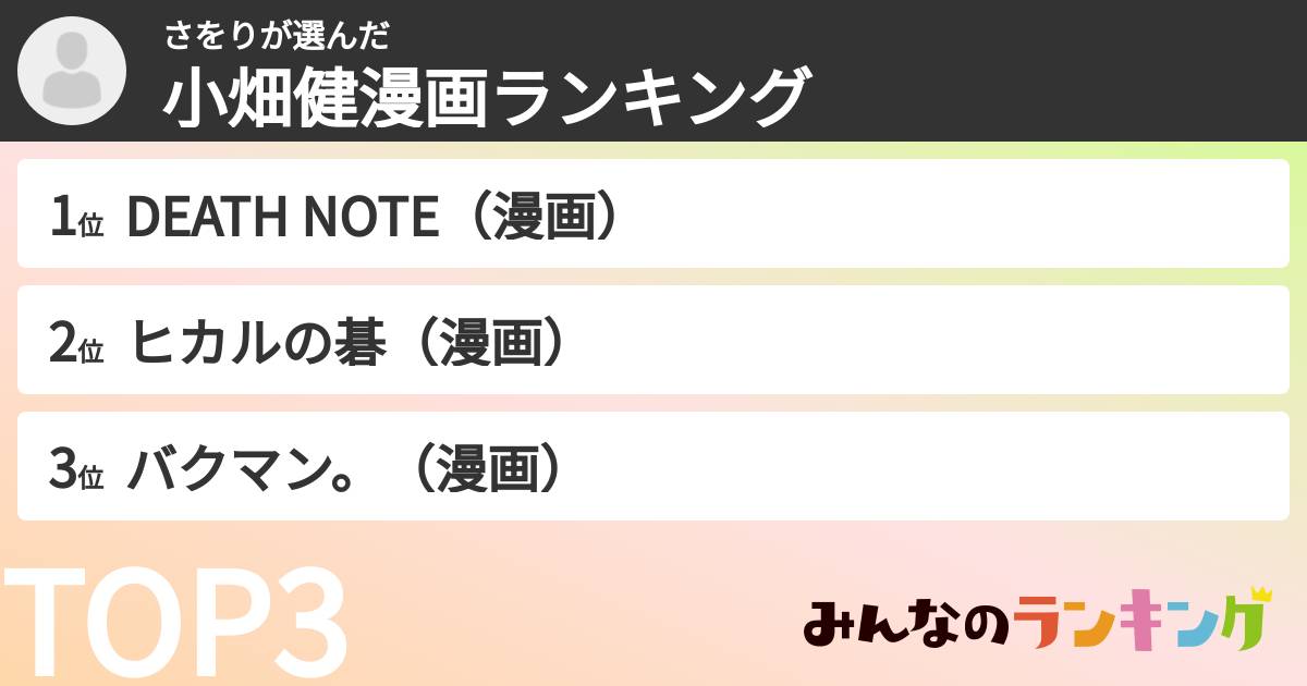 さをりさんの「小畑健漫画ランキング」