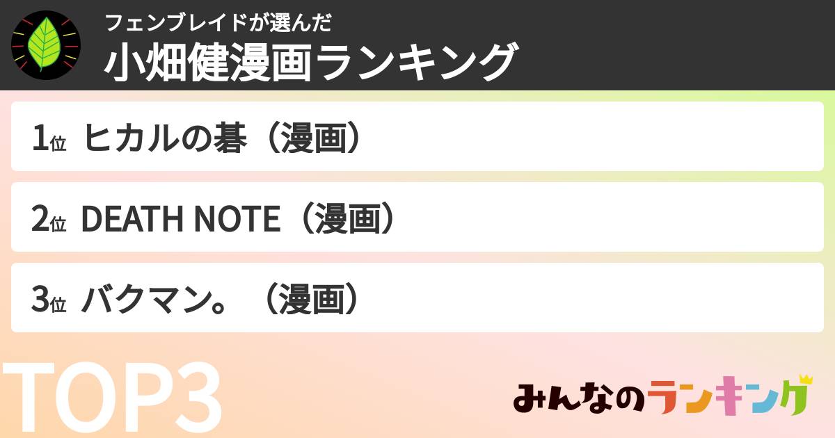 フェンブレイドさんの「小畑健漫画ランキング」