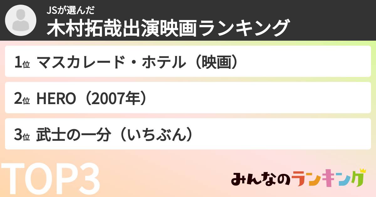 JSさんの「木村拓哉出演映画ランキング」