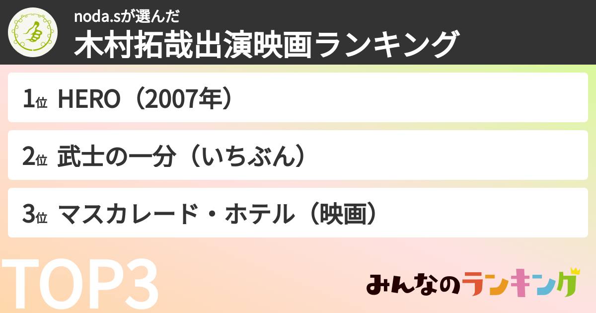 noda.sさんの「木村拓哉出演映画ランキング」