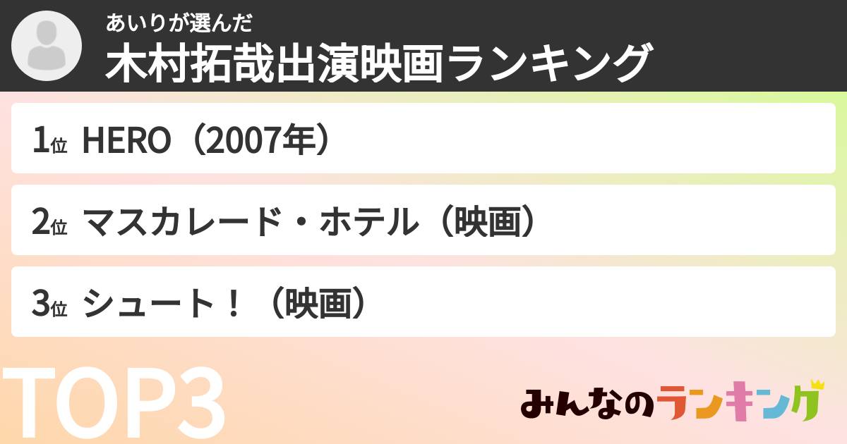 あいりさんの「木村拓哉出演映画ランキング」