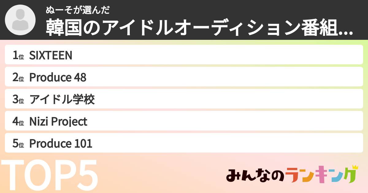 ぬーそさんの「韓国のアイドルオーディション番組ランキング」