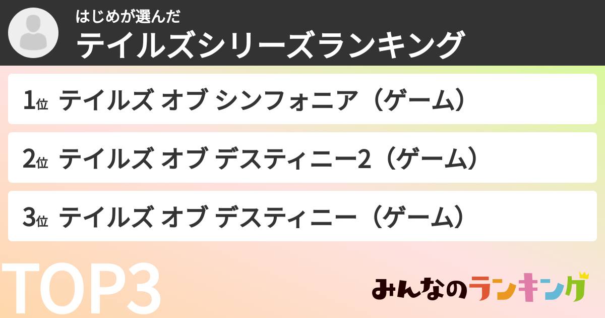 はじめさんの「テイルズシリーズランキング」