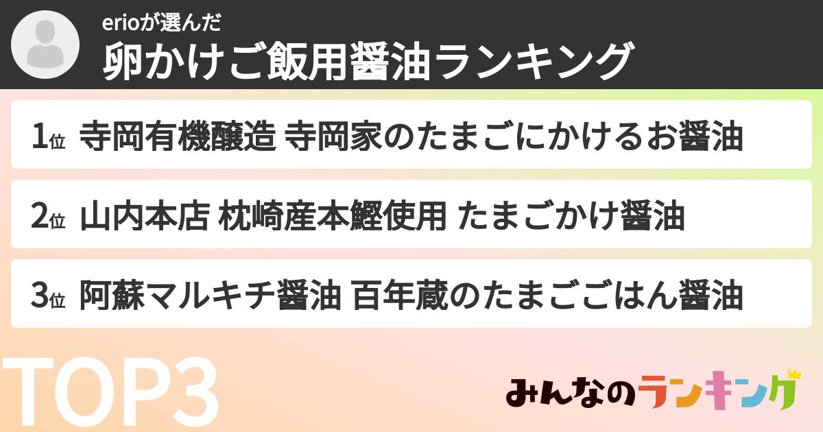 erioさんの「卵かけご飯用醤油ランキング」