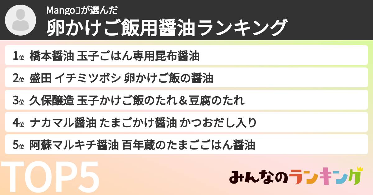 Mango🥭さんの「卵かけご飯用醤油ランキング」