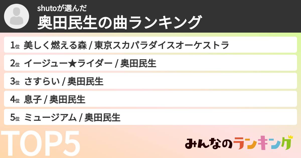 shutoさんの「奥田民生の曲ランキング」