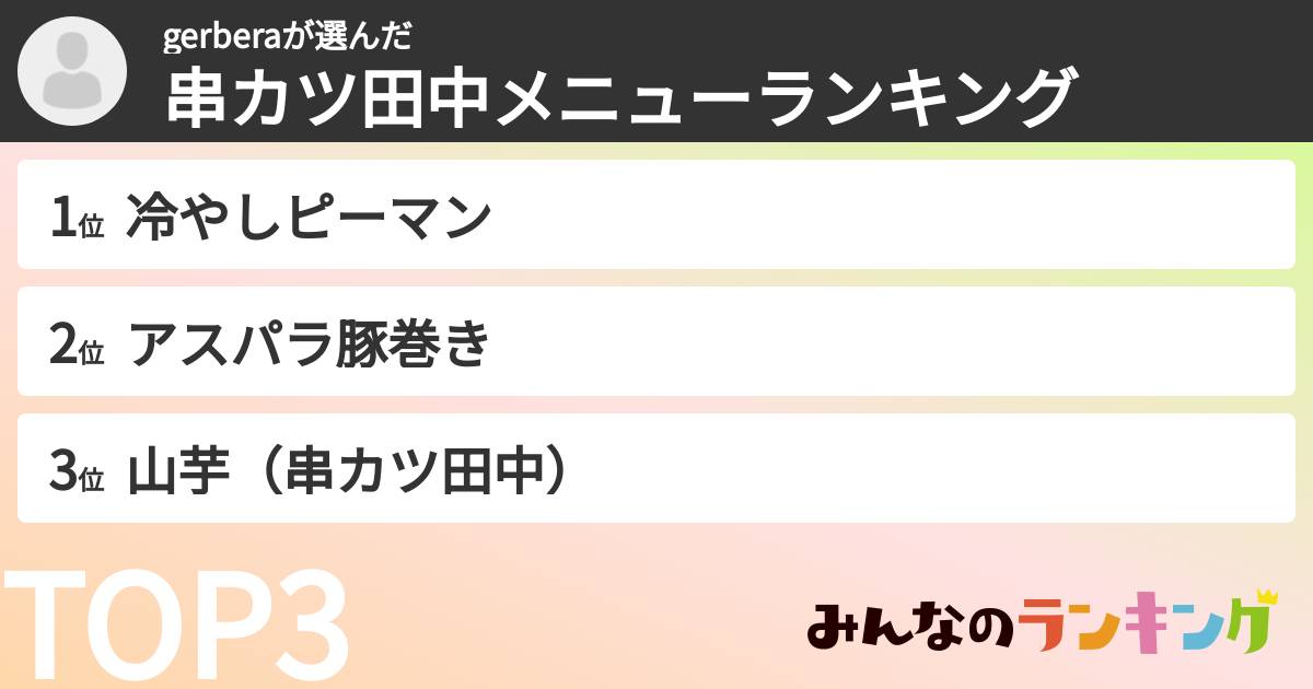 gerberaさんの「串カツ田中メニューランキング」