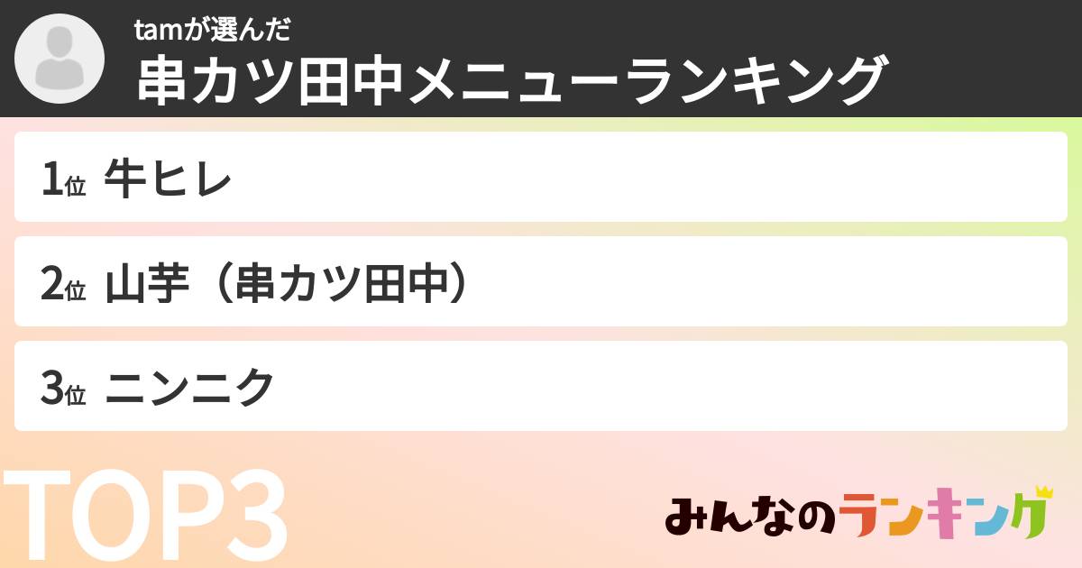 tamさんの「串カツ田中メニューランキング」