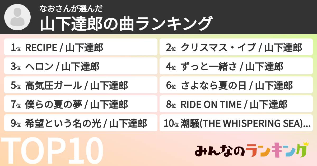 なおさんさんの「山下達郎の曲ランキング」