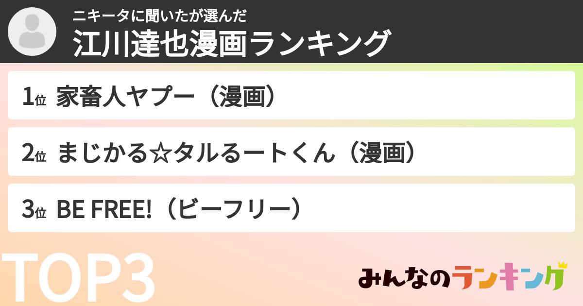 ニキータに聞いたさんの「江川達也漫画ランキング」