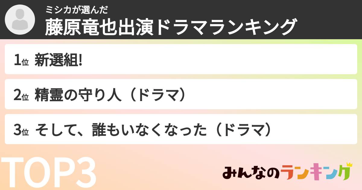 ミシカさんの「藤原竜也出演ドラマランキング」
