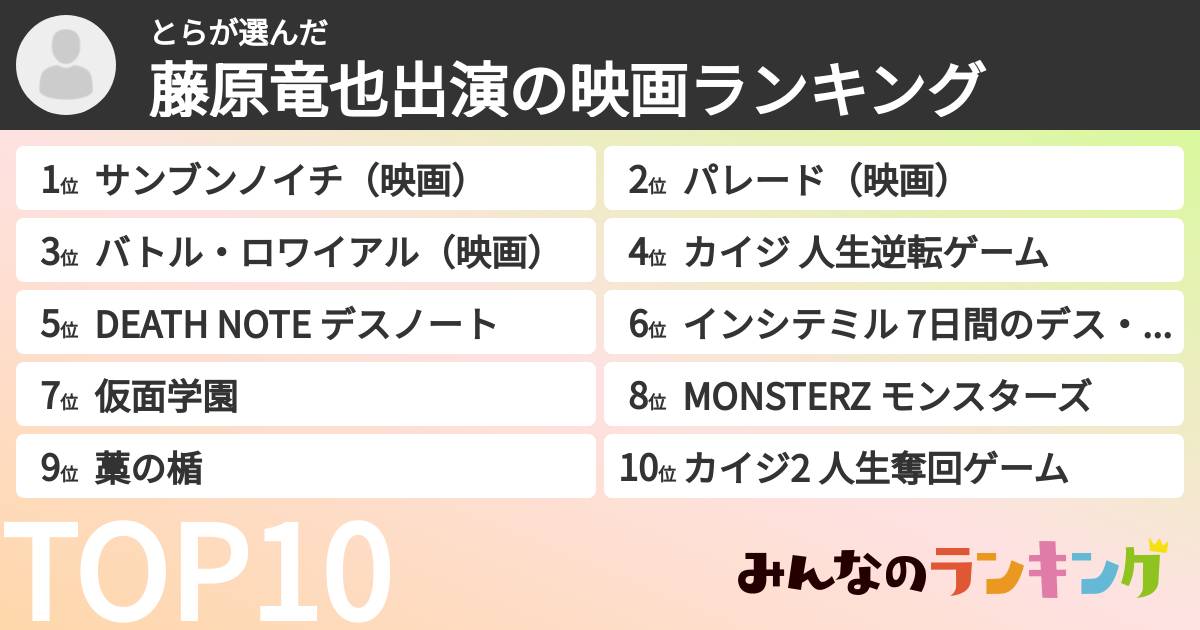 とらさんの「藤原竜也出演の映画ランキング」