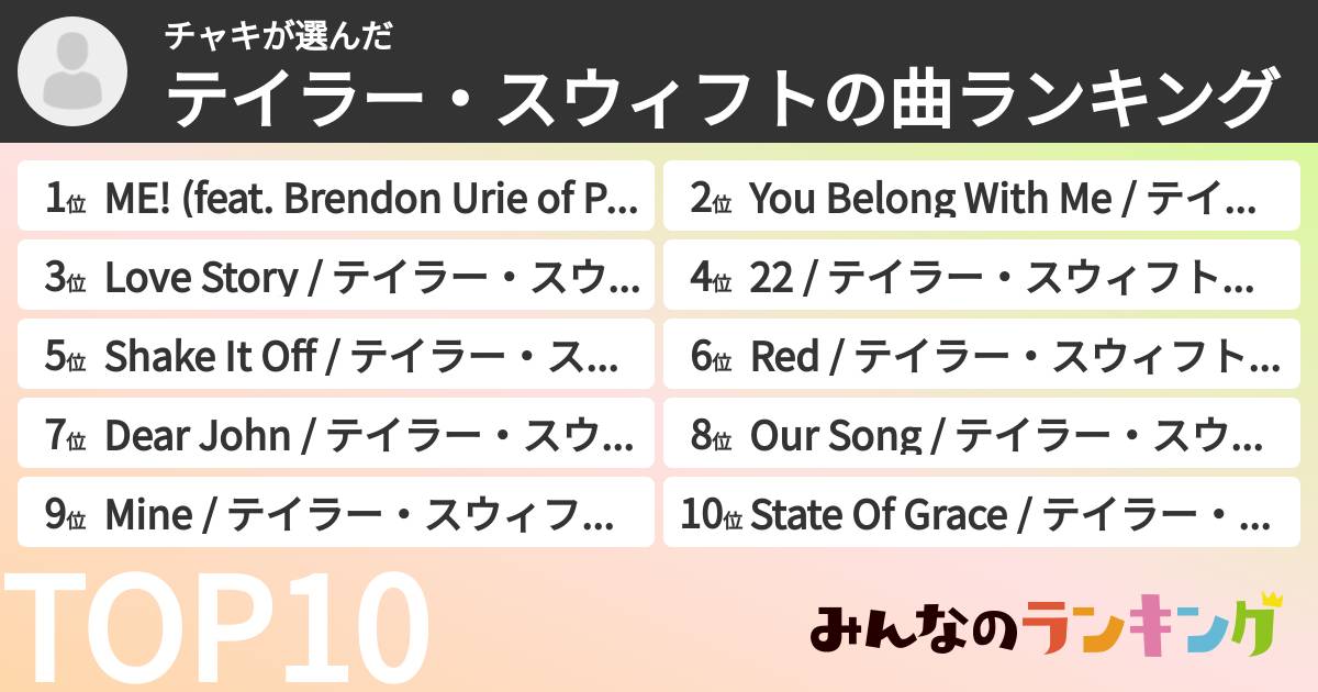 チャキさんの「テイラー・スウィフトの曲ランキング」
