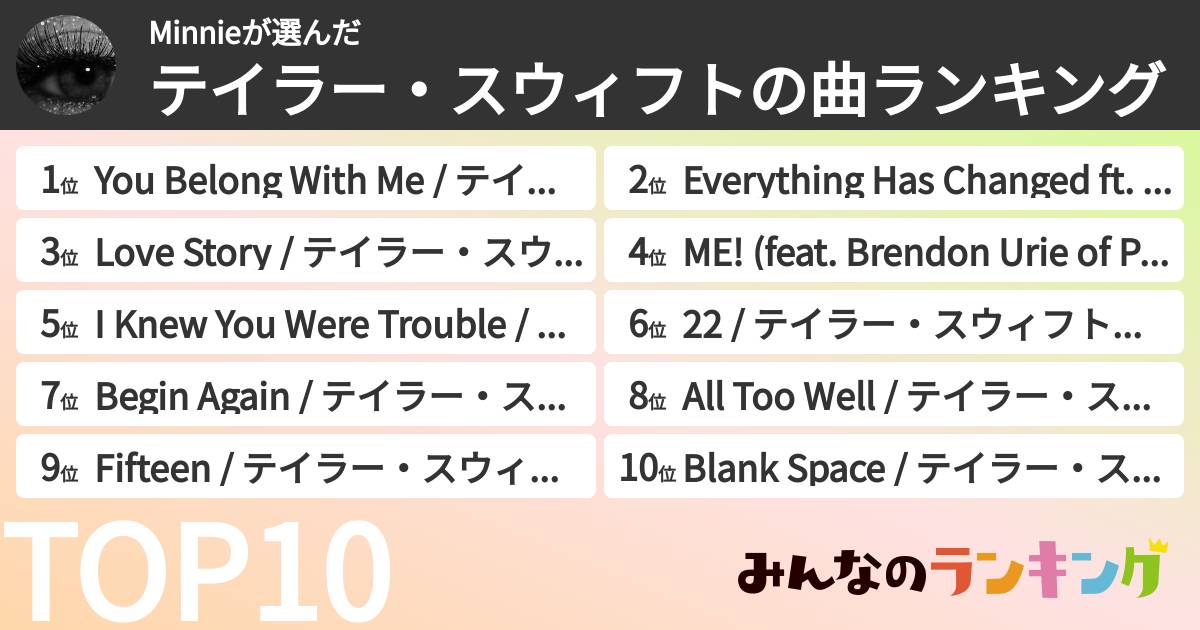 Minnieさんの「テイラー・スウィフトの曲ランキング」