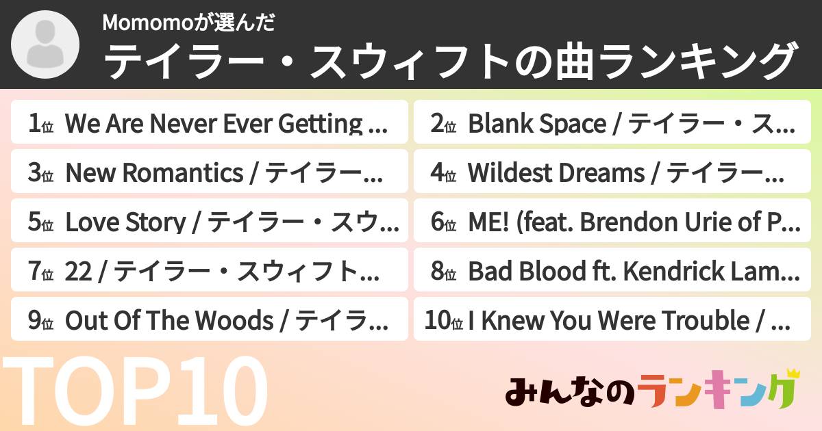 Momomoさんの「テイラー・スウィフトの曲ランキング」