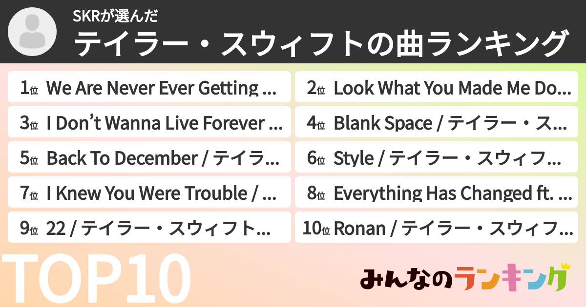 SKRさんの「テイラー・スウィフトの曲ランキング」
