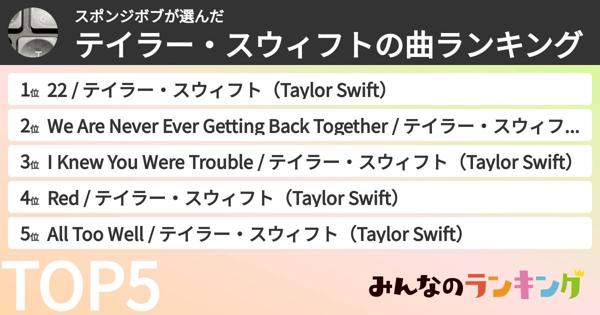 スポンジボブさんの「テイラー・スウィフトの曲ランキング」