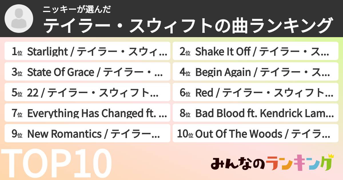 ニッキーさんの「テイラー・スウィフトの曲ランキング」