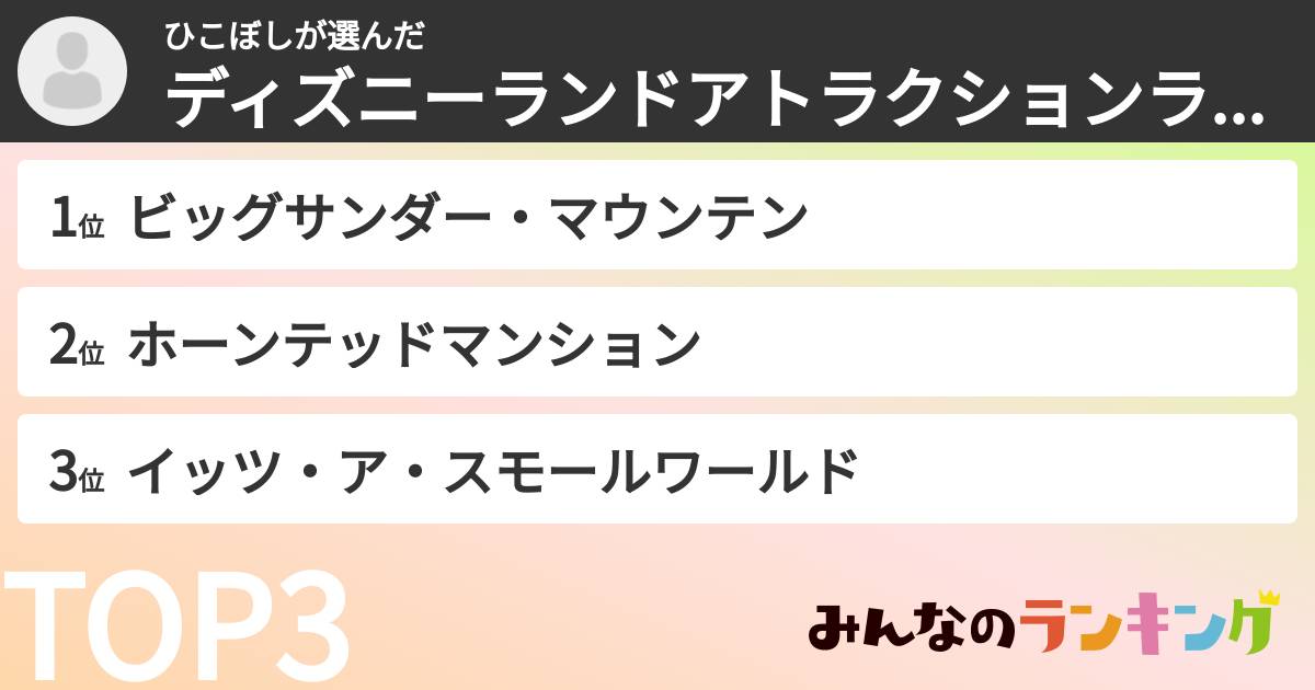ひこぼしさんの「ディズニーランドアトラクションランキング」