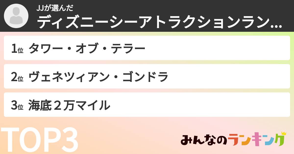 JJさんの「ディズニーシーアトラクションランキング」