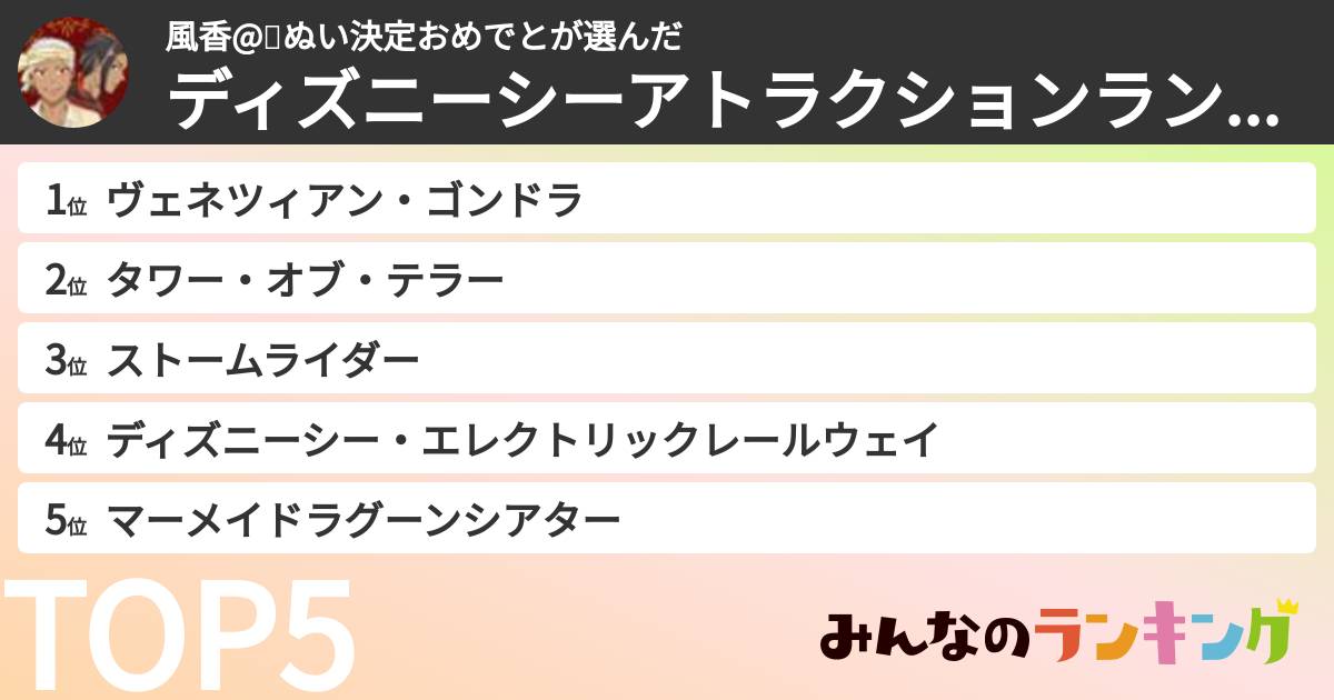 風香@🃏ぬい決定おめでとさんの「ディズニーシーアトラクションランキング」