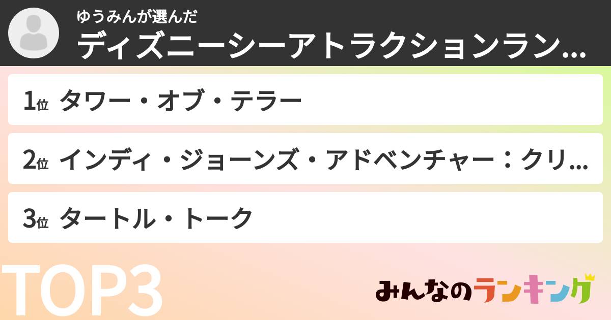 ゆうみんさんの「ディズニーシーアトラクションランキング」
