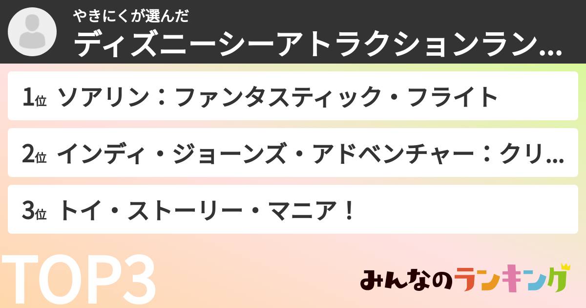 やきにくさんの「ディズニーシーアトラクションランキング」