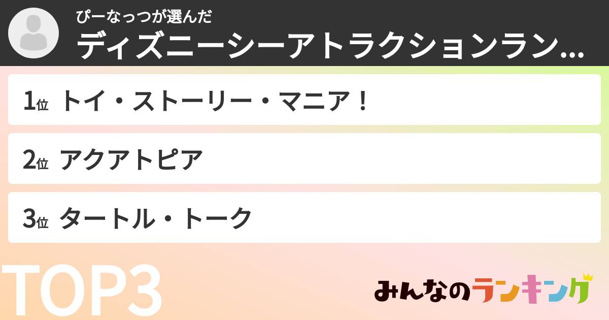 ぴーなっつさんの「ディズニーシーアトラクションランキング」