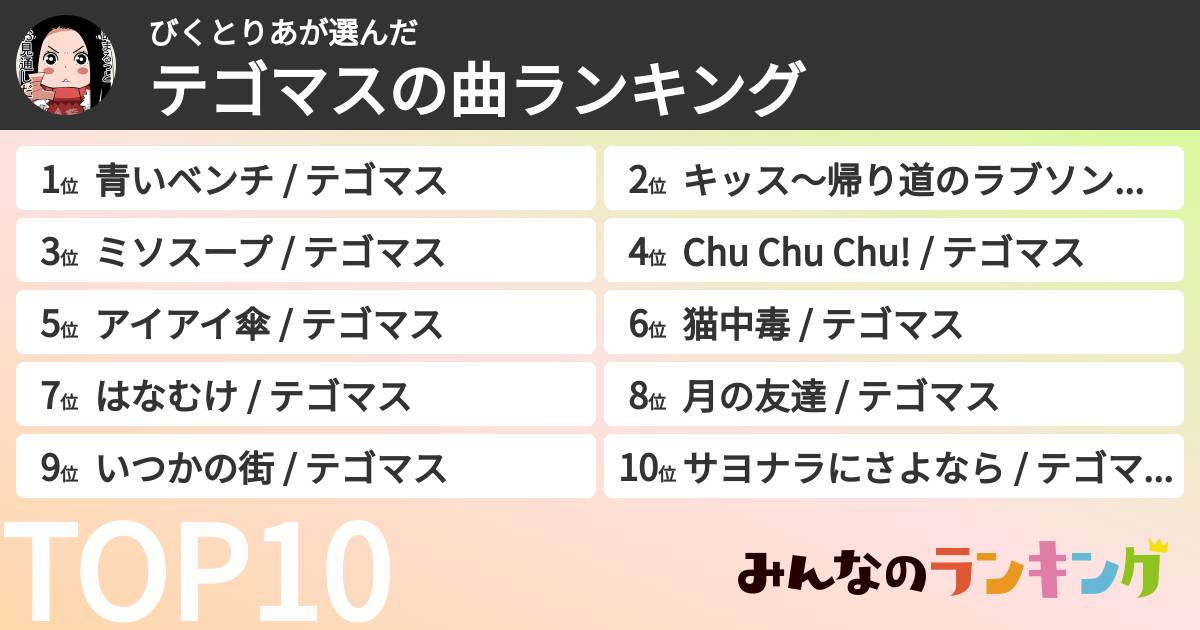 びくとりあさんの「テゴマスの曲ランキング」