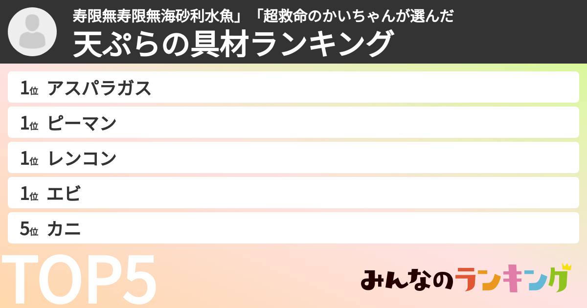 寿限無寿限無海砂利水魚」「超救命のかいちゃんさんの「天ぷらの具材ランキング」