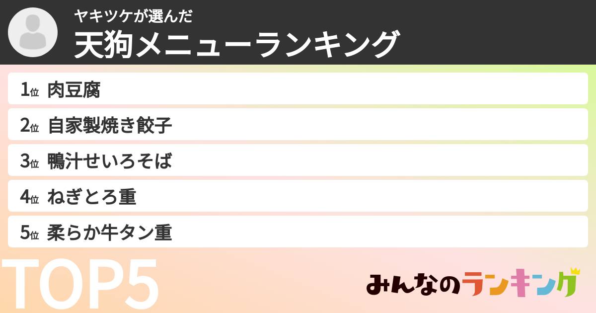 ヤキツケさんの「天狗メニューランキング」