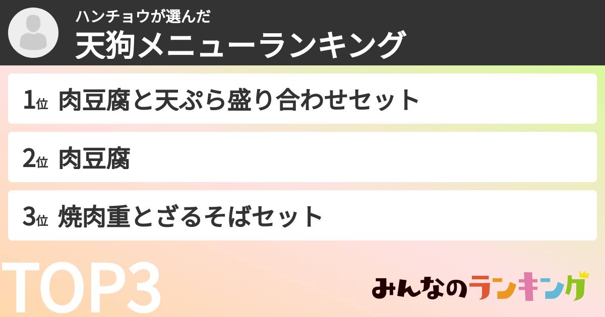 ハンチョウさんの「天狗メニューランキング」