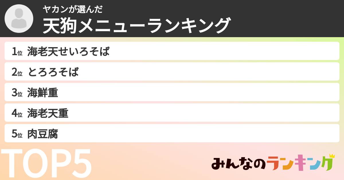 ヤカンさんの「天狗メニューランキング」
