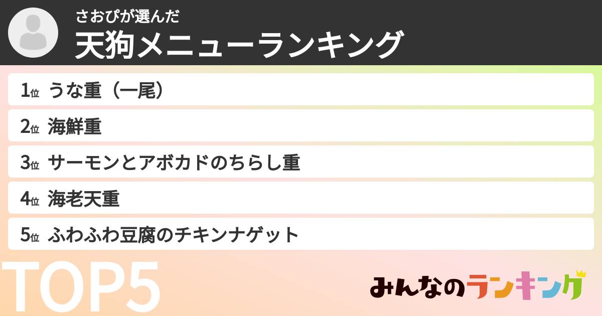 さおぴさんの「天狗メニューランキング」