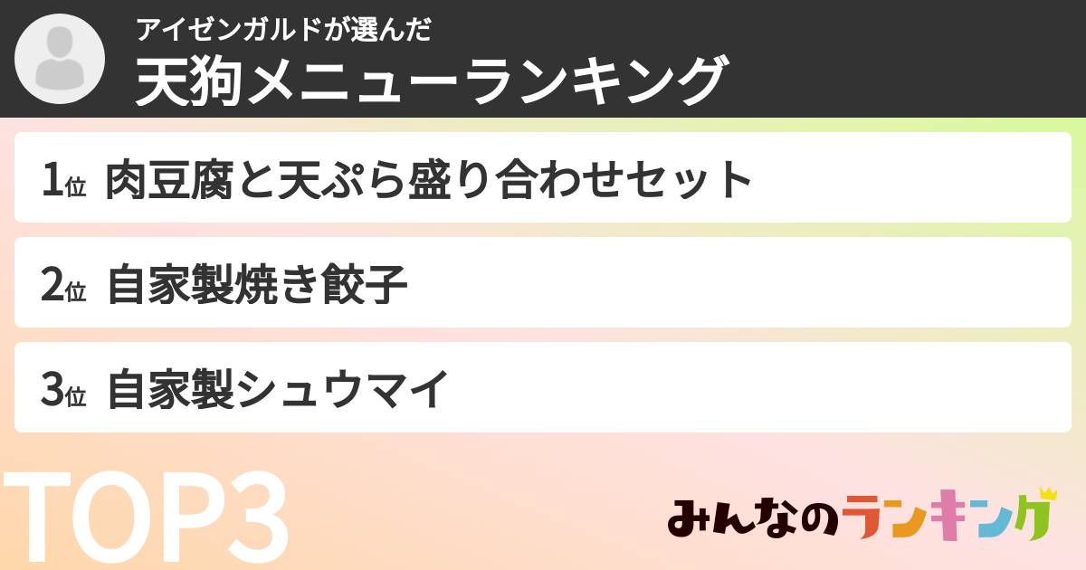 アイゼンガルドさんの「天狗メニューランキング」