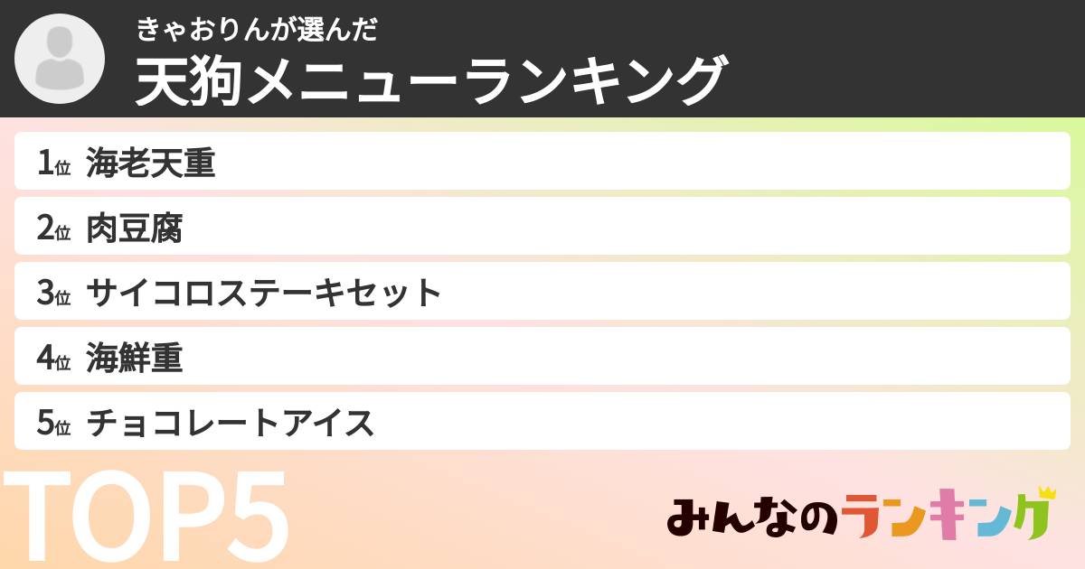 きゃおりんさんの「天狗メニューランキング」