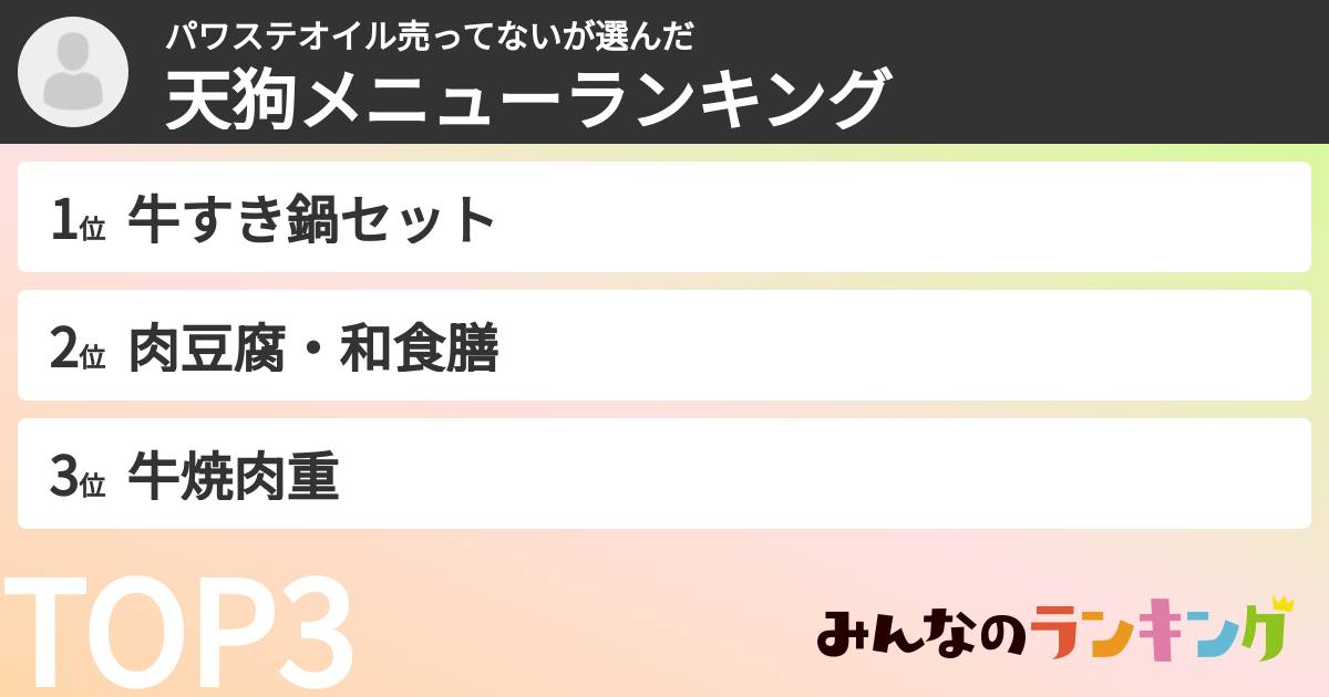 パワステオイル売ってないさんの「天狗メニューランキング」