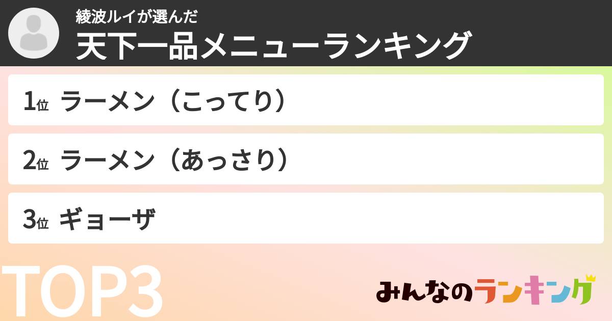 綾波ルイさんの「天下一品メニューランキング」