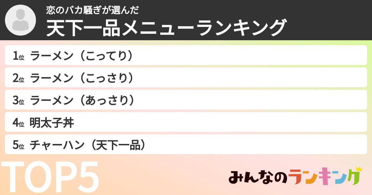 恋のバカ騒ぎさんの「天下一品メニューランキング」
